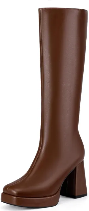 IDIFU IN4 Knee High Boots Women Platform Boots Tall High Long Square Toe Chunky Gogo Block Heel Boots Fall Dress Comfortable Fashion Cute Sexy Dance Booties for Women Zipper Heeled Boots