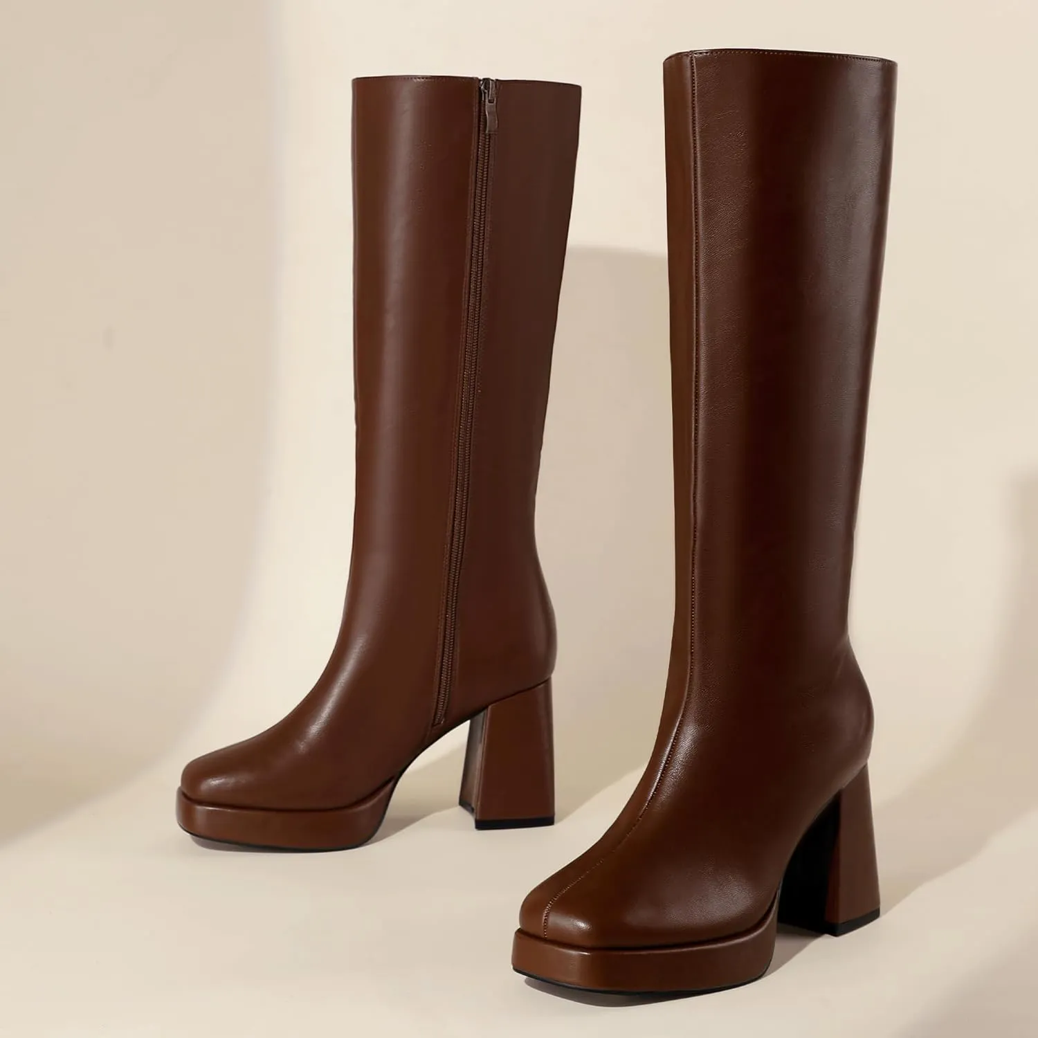 IDIFU IN4 Knee High Boots Women Platform Boots Tall High Long Square Toe Chunky Gogo Block Heel Boots Fall Dress Comfortable Fashion Cute Sexy Dance Booties for Women Zipper Heeled Boots