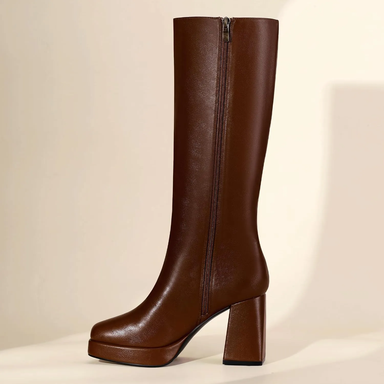 IDIFU IN4 Knee High Boots Women Platform Boots Tall High Long Square Toe Chunky Gogo Block Heel Boots Fall Dress Comfortable Fashion Cute Sexy Dance Booties for Women Zipper Heeled Boots