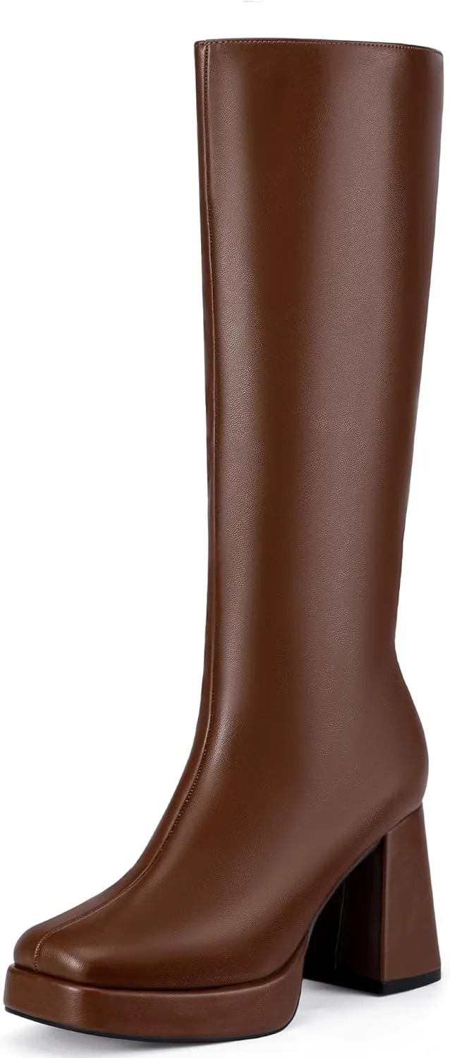 IDIFU IN4 Knee High Boots Women Platform Boots Tall High Long Square Toe Chunky Gogo Block Heel Boots Fall Dress Comfortable Fashion Cute Sexy Dance Booties for Women Zipper Heeled Boots