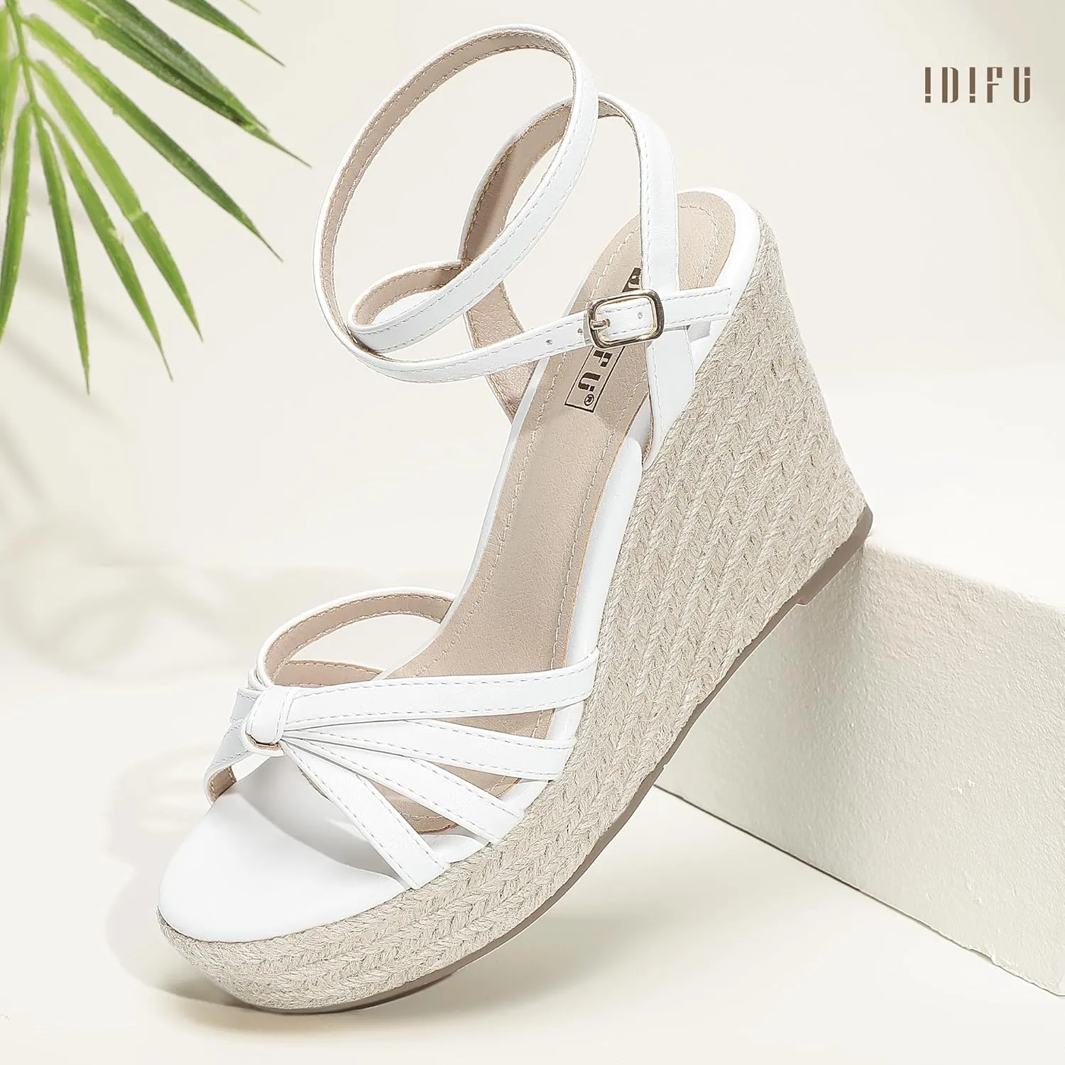 IDIFU IN4 Wedge Sandals for Women Espadrilles Ankle Strap Platform Wedges Heels for Women Wedding Bridal Ladies Wedge Sandals Comfortable Summer Dressy Sexy Strappy Wedge Shoes