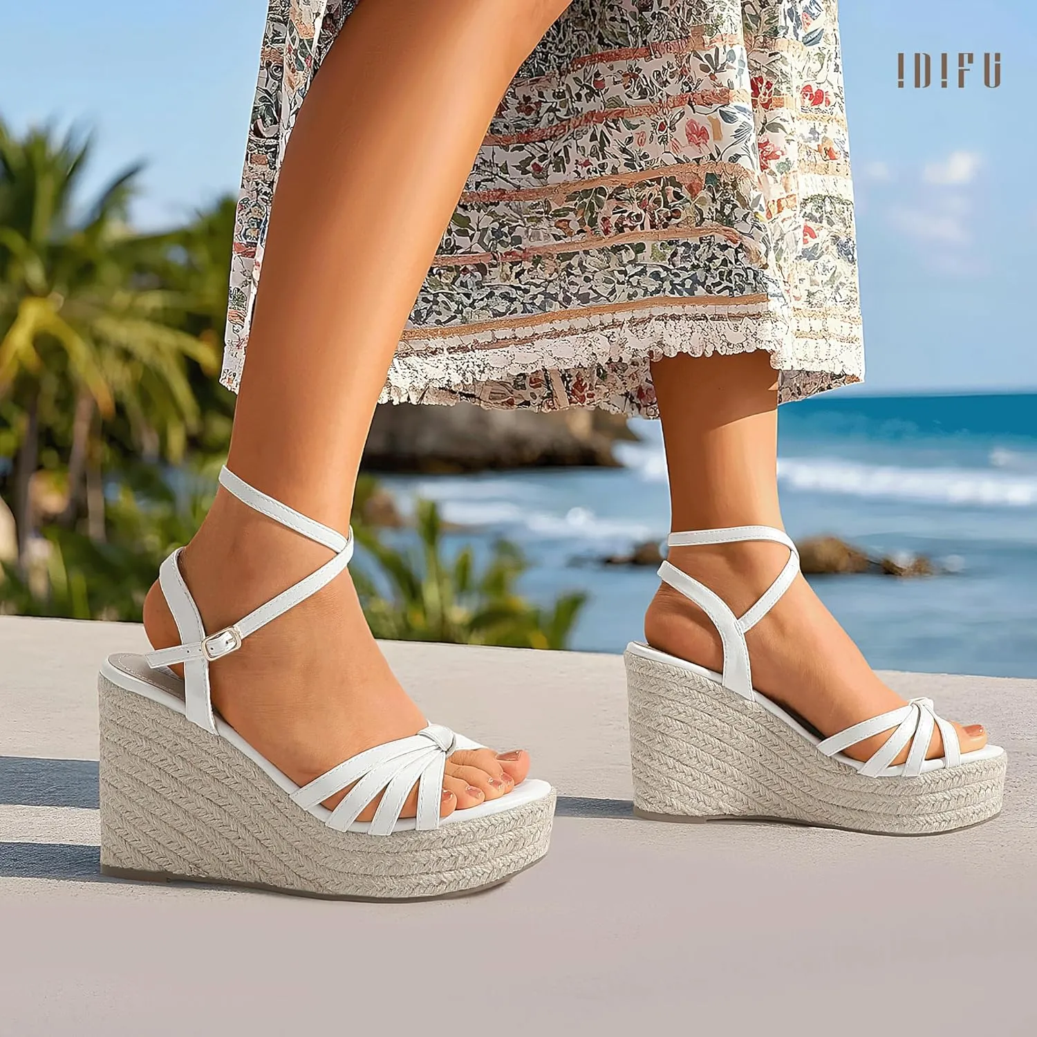 IDIFU IN4 Wedge Sandals for Women Espadrilles Ankle Strap Platform Wedges Heels for Women Wedding Bridal Ladies Wedge Sandals Comfortable Summer Dressy Sexy Strappy Wedge Shoes