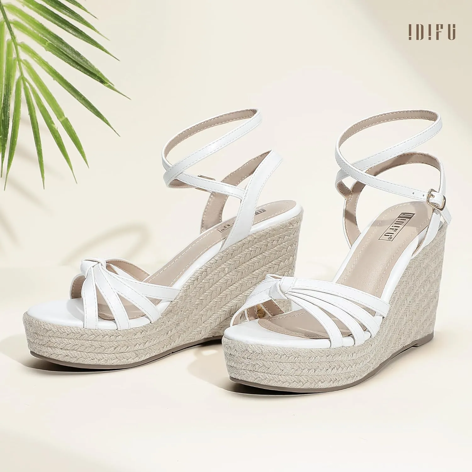 IDIFU IN4 Wedge Sandals for Women Espadrilles Ankle Strap Platform Wedges Heels for Women Wedding Bridal Ladies Wedge Sandals Comfortable Summer Dressy Sexy Strappy Wedge Shoes