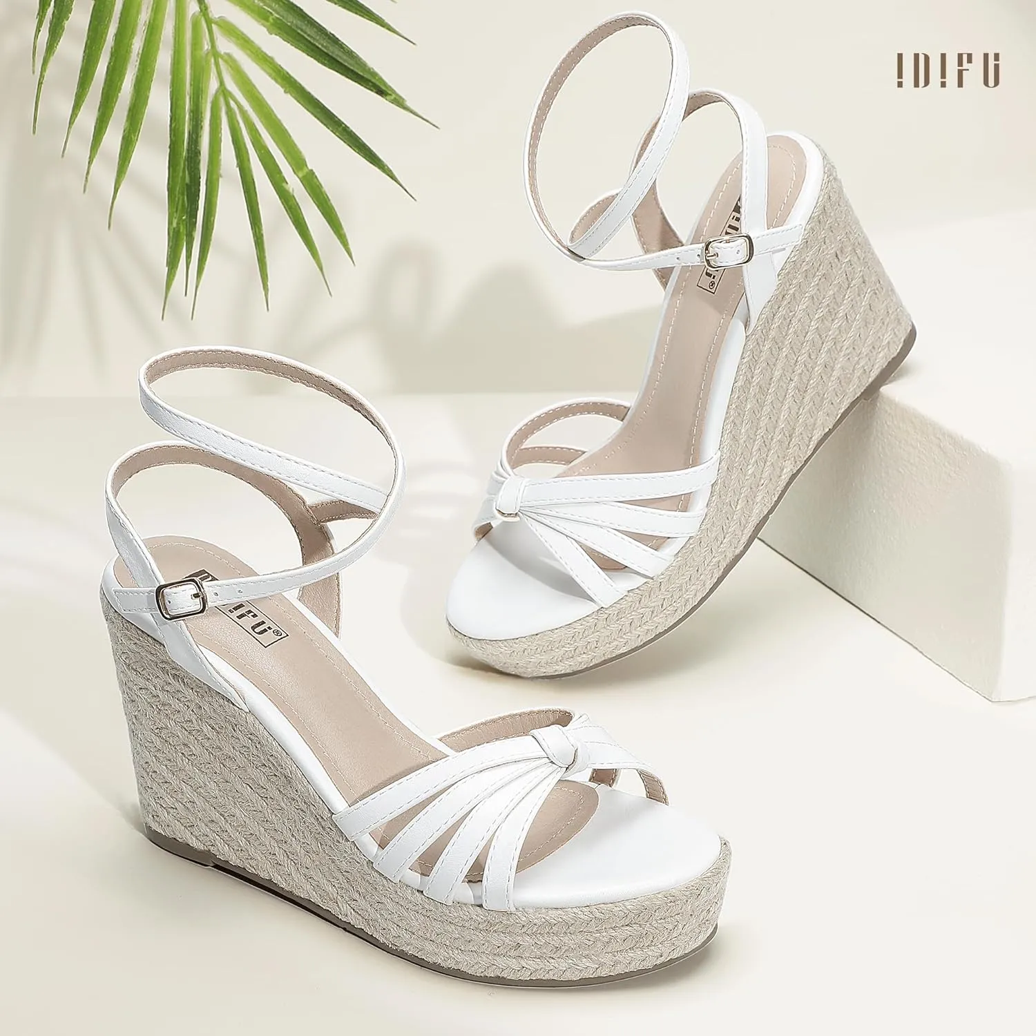 IDIFU IN4 Wedge Sandals for Women Espadrilles Ankle Strap Platform Wedges Heels for Women Wedding Bridal Ladies Wedge Sandals Comfortable Summer Dressy Sexy Strappy Wedge Shoes