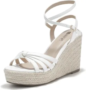 IDIFU IN4 Wedge Sandals for Women Espadrilles Ankle Strap Platform Wedges Heels for Women Wedding Bridal Ladies Wedge Sandals Comfortable Summer Dressy Sexy Strappy Wedge Shoes