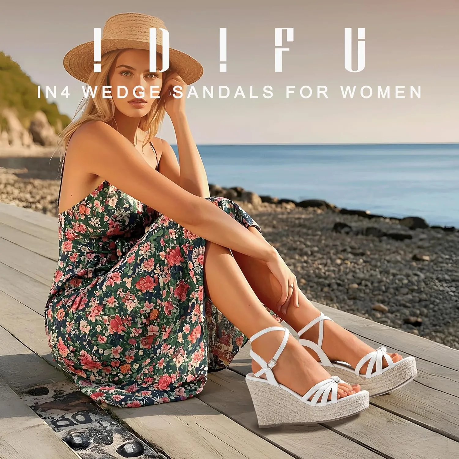 IDIFU IN4 Wedge Sandals for Women Espadrilles Ankle Strap Platform Wedges Heels for Women Wedding Bridal Ladies Wedge Sandals Comfortable Summer Dressy Sexy Strappy Wedge Shoes