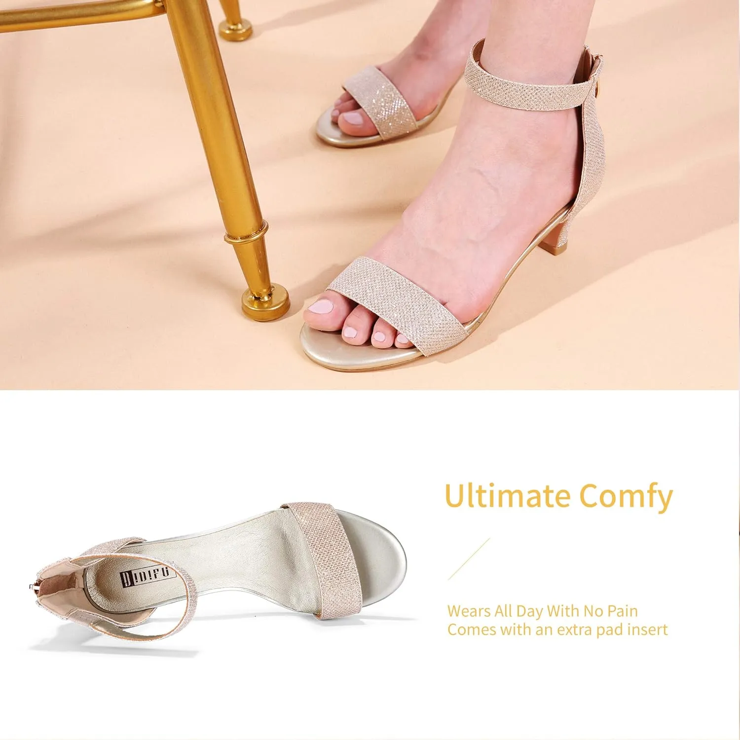 IDIFU Kitten Heels for Women IN2 Low Heels Open Toe Ankle Strap Heeled Sandals Wedding Bridal Evening Prom Party Dress Shoes Womens Heels With Zipper