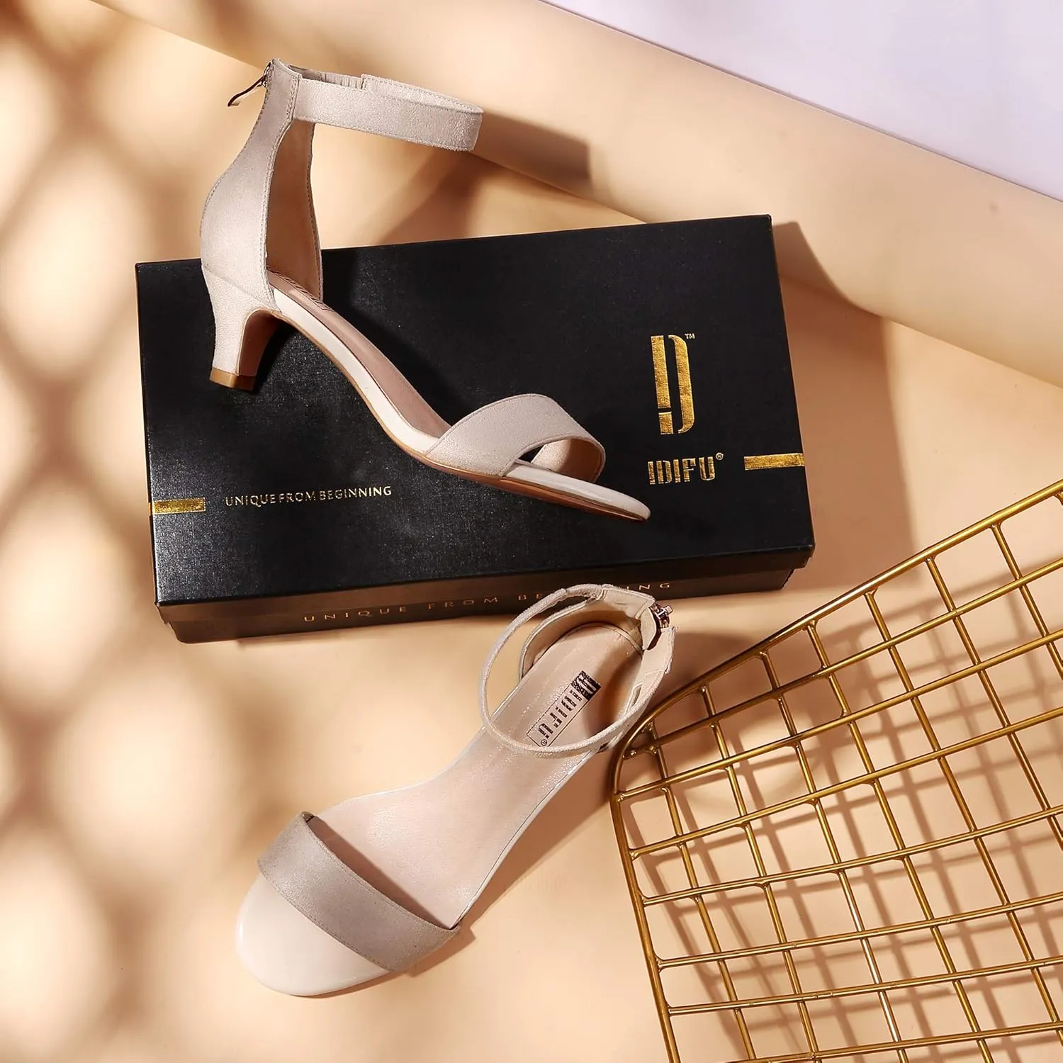 IDIFU Kitten Heels for Women IN2 Low Heels Open Toe Ankle Strap Heeled Sandals Wedding Bridal Evening Prom Party Dress Shoes Womens Heels With Zipper
