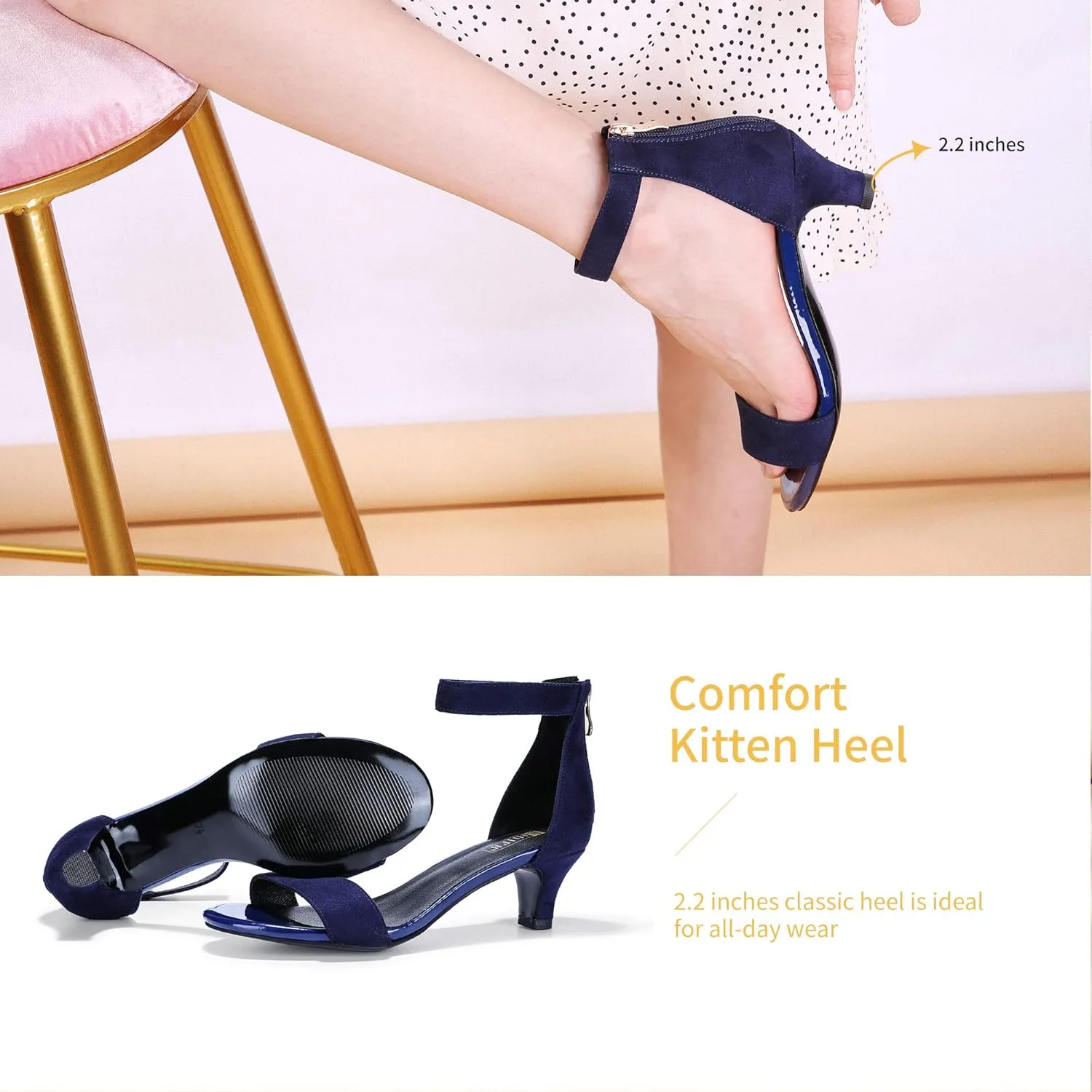 IDIFU Kitten Heels for Women IN2 Low Heels Open Toe Ankle Strap Heeled Sandals Wedding Bridal Evening Prom Party Dress Shoes Womens Heels With Zipper