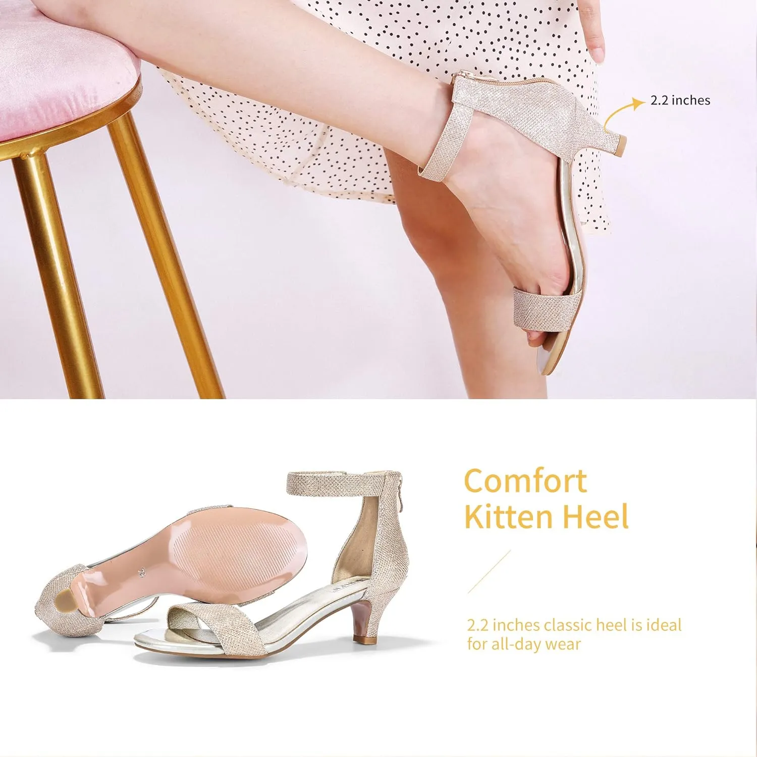 IDIFU Kitten Heels for Women IN2 Low Heels Open Toe Ankle Strap Heeled Sandals Wedding Bridal Evening Prom Party Dress Shoes Womens Heels With Zipper