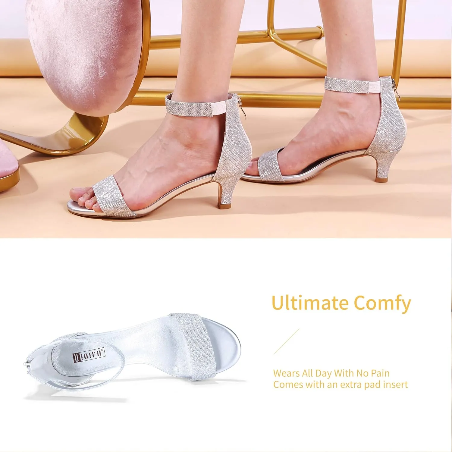 IDIFU Kitten Heels for Women IN2 Low Heels Open Toe Ankle Strap Heeled Sandals Wedding Bridal Evening Prom Party Dress Shoes Womens Heels With Zipper