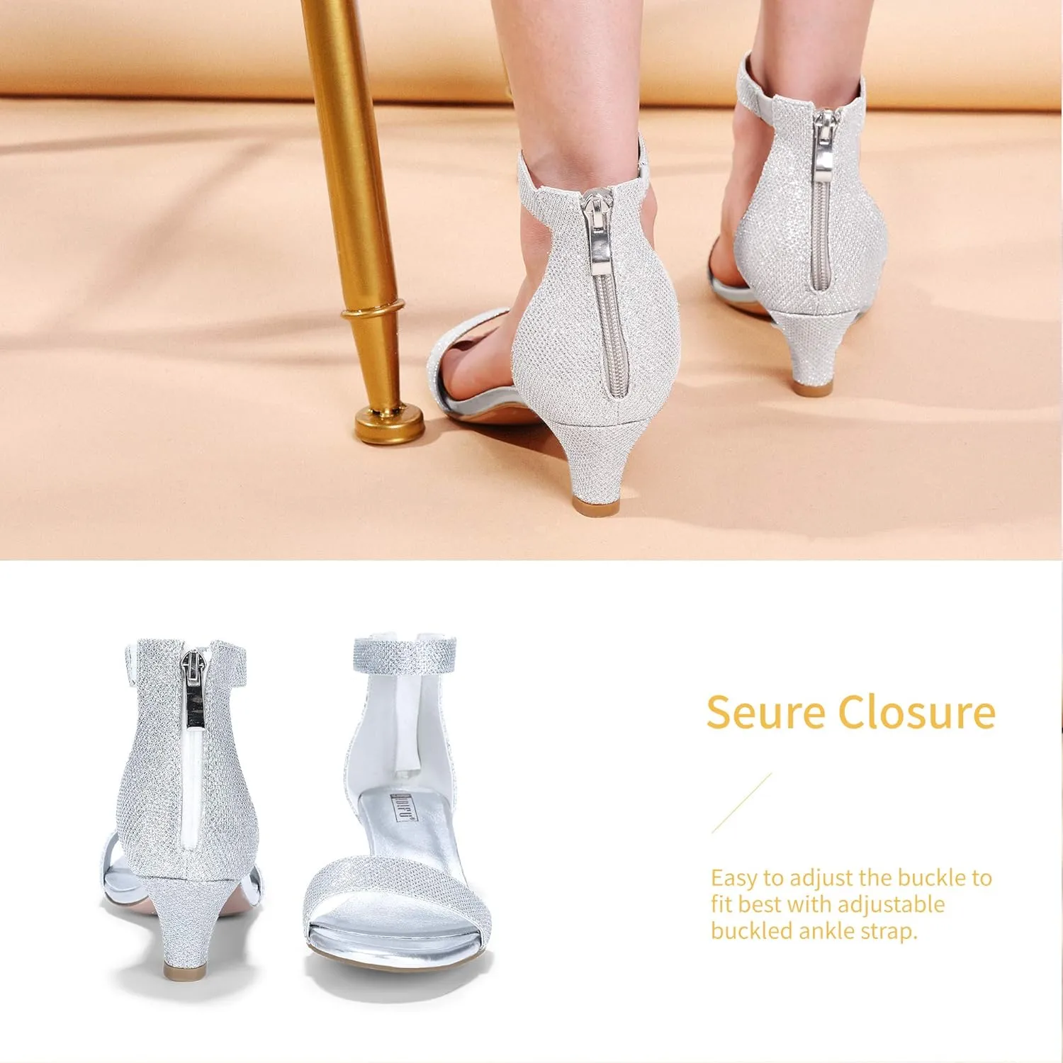 IDIFU Kitten Heels for Women IN2 Low Heels Open Toe Ankle Strap Heeled Sandals Wedding Bridal Evening Prom Party Dress Shoes Womens Heels With Zipper