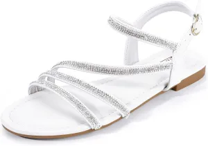 IDIFU Rhinestone Strappy Sandals for Women Dressy Summer Glitter Flat Sandals with Back Strap Open Toe Slingback Ankle Strap Sandals Wedding Bridal Prom Sparkly Bling Comfortable Cute Dress Sandals