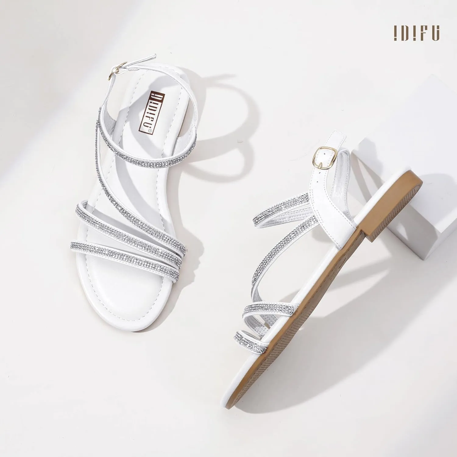 IDIFU Rhinestone Strappy Sandals for Women Dressy Summer Glitter Flat Sandals with Back Strap Open Toe Slingback Ankle Strap Sandals Wedding Bridal Prom Sparkly Bling Comfortable Cute Dress Sandals