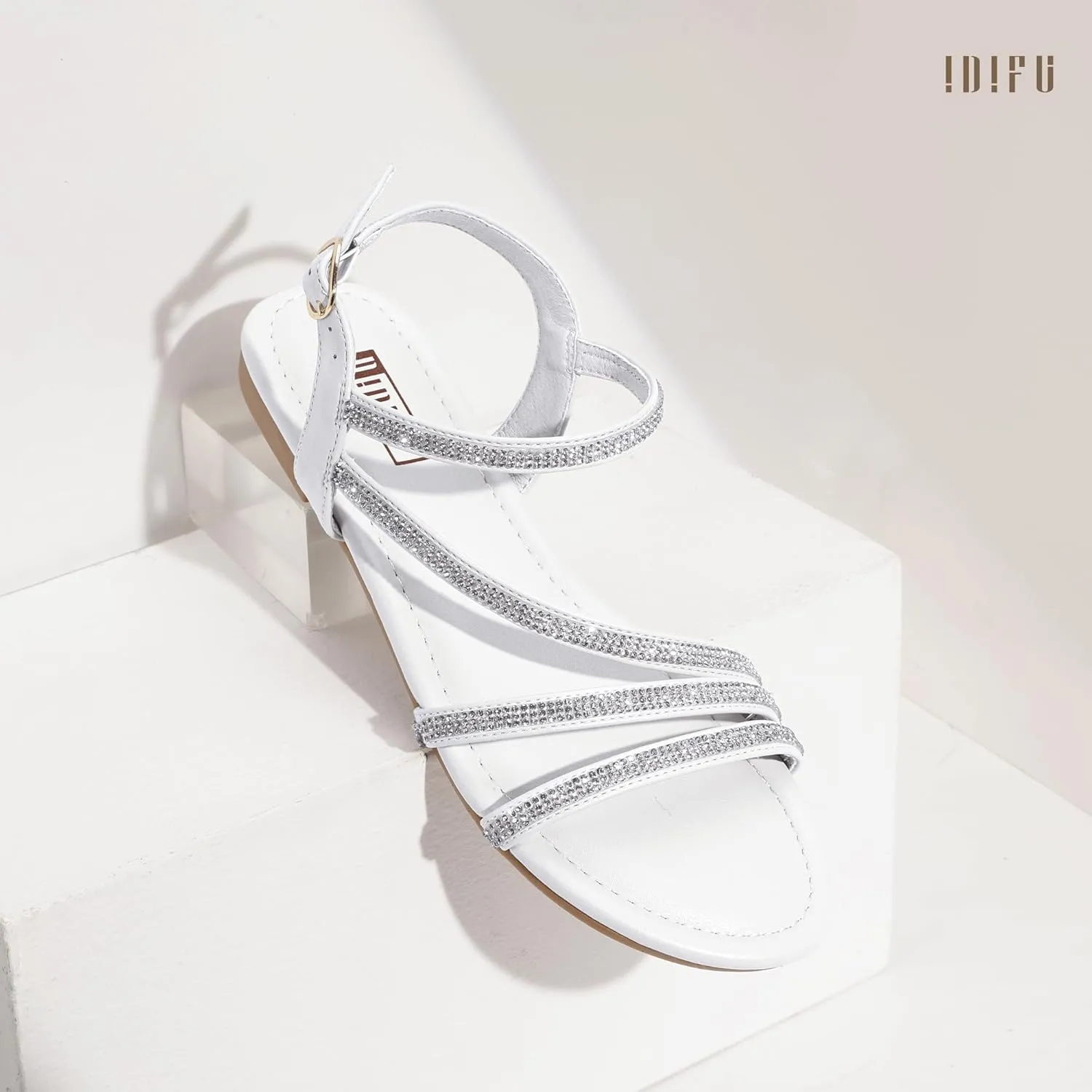 IDIFU Rhinestone Strappy Sandals for Women Dressy Summer Glitter Flat Sandals with Back Strap Open Toe Slingback Ankle Strap Sandals Wedding Bridal Prom Sparkly Bling Comfortable Cute Dress Sandals