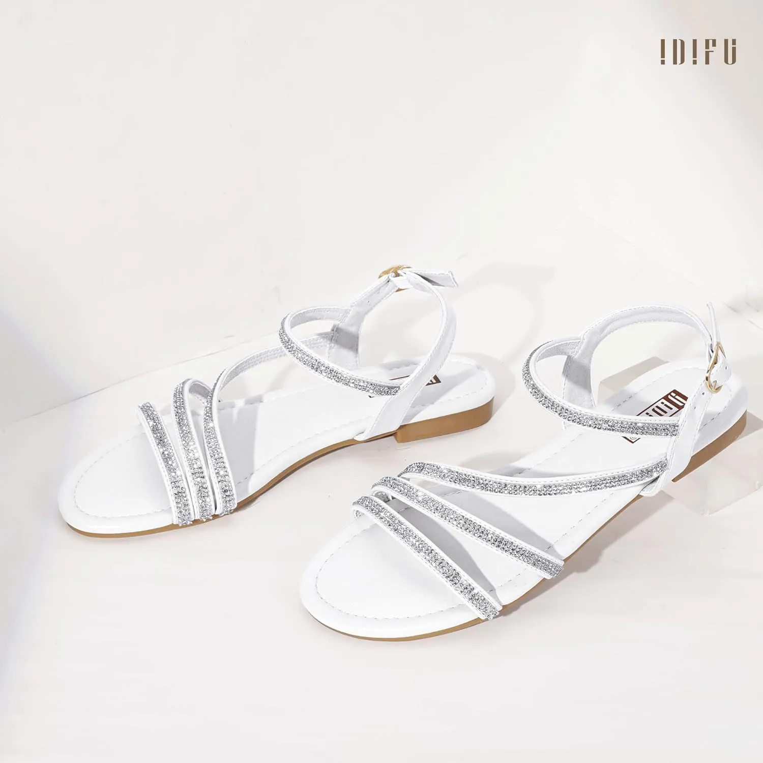 IDIFU Rhinestone Strappy Sandals for Women Dressy Summer Glitter Flat Sandals with Back Strap Open Toe Slingback Ankle Strap Sandals Wedding Bridal Prom Sparkly Bling Comfortable Cute Dress Sandals