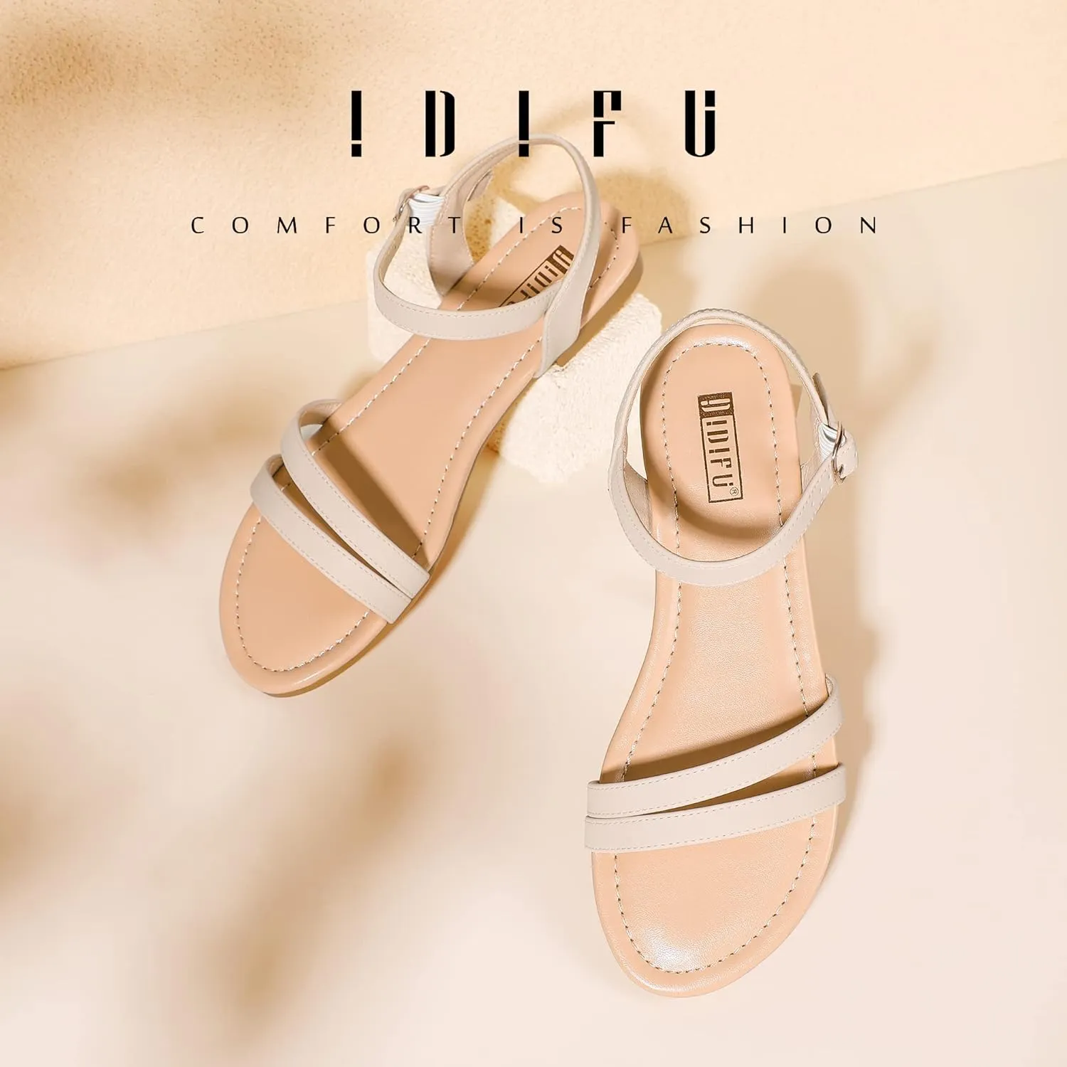 IDIFU Women's Flat Sandals Dressy Summer Strappy Sandals Open Toe Slingback Ankle Strap Dress Sandals with Two Toe Strap Wedding Prom Beach Bride Bridesmaid Sandals Comfortable Fashion Cute Sandals