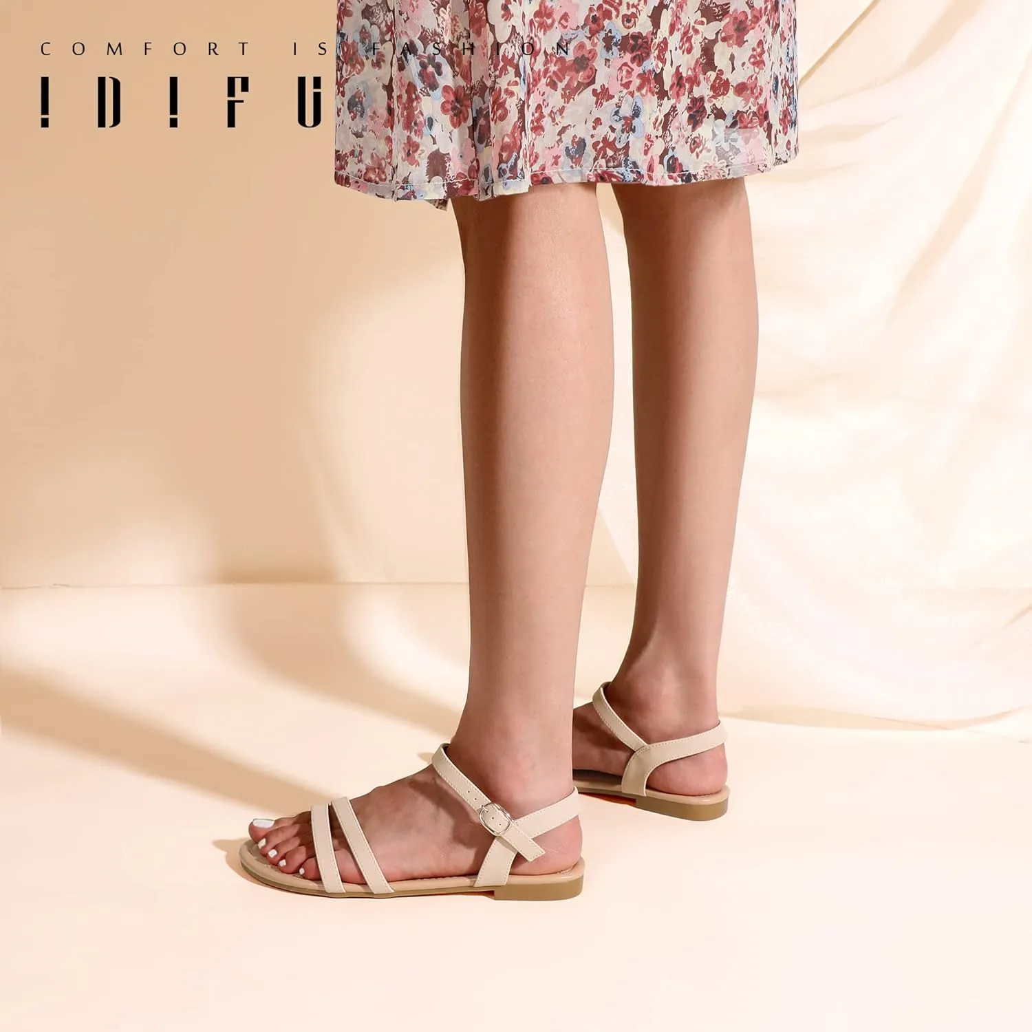 IDIFU Women's Flat Sandals Dressy Summer Strappy Sandals Open Toe Slingback Ankle Strap Dress Sandals with Two Toe Strap Wedding Prom Beach Bride Bridesmaid Sandals Comfortable Fashion Cute Sandals