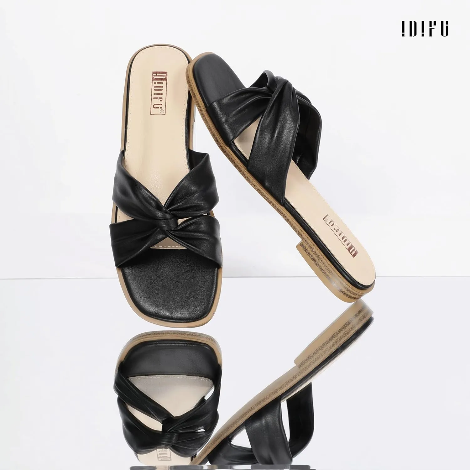 IDIFU Women's Flat Sandals Square Open Toe Slip On Sandals for Women Beach Summer Comfortable Dress Sandals Dressy Cute Walking Slide Sandals Casual Twist Strap Sandals