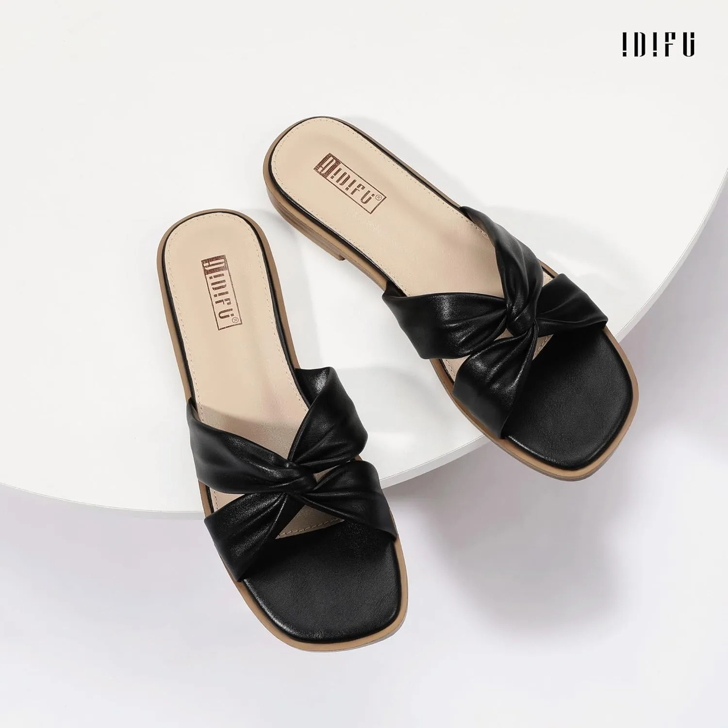 IDIFU Women's Flat Sandals Square Open Toe Slip On Sandals for Women Beach Summer Comfortable Dress Sandals Dressy Cute Walking Slide Sandals Casual Twist Strap Sandals