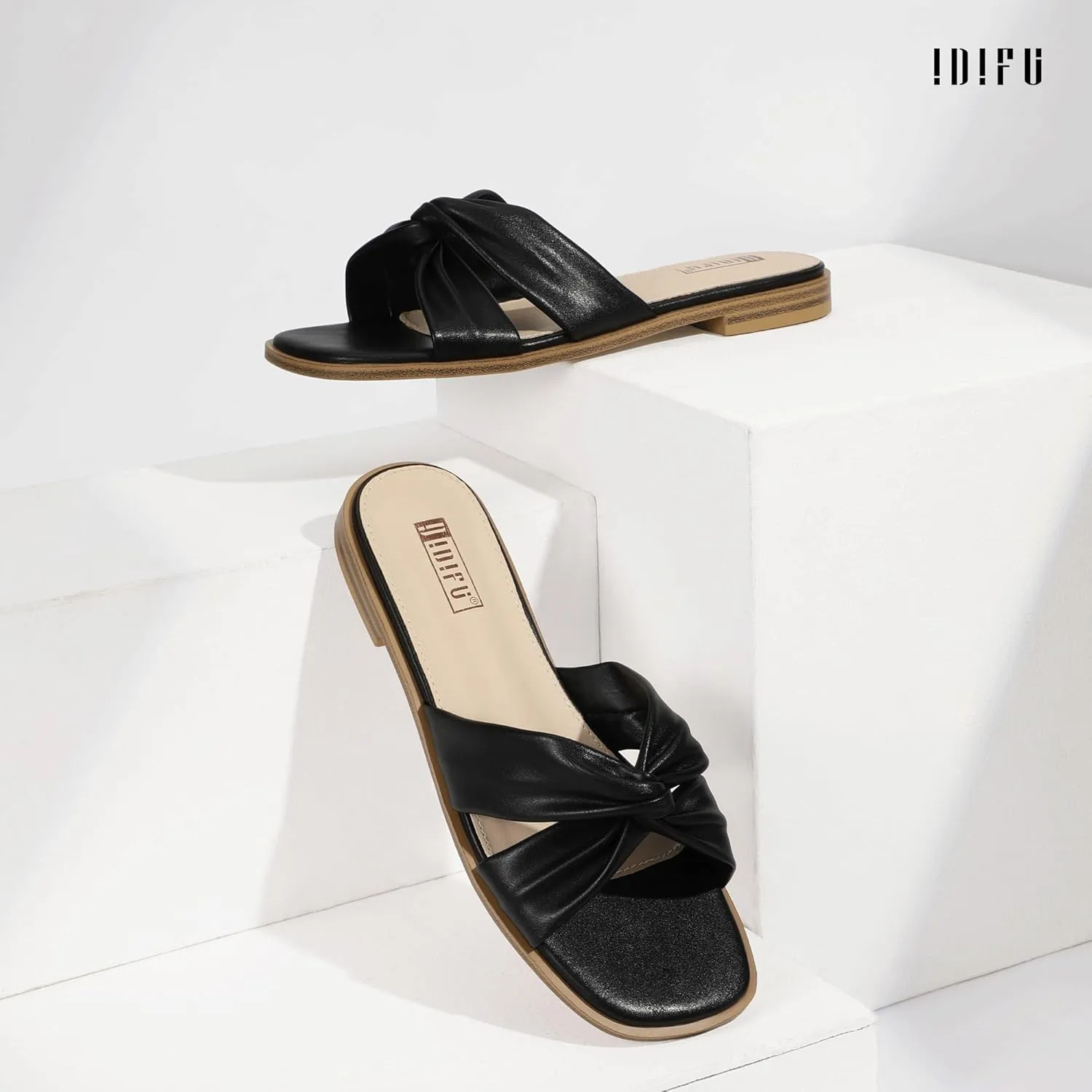 IDIFU Women's Flat Sandals Square Open Toe Slip On Sandals for Women Beach Summer Comfortable Dress Sandals Dressy Cute Walking Slide Sandals Casual Twist Strap Sandals