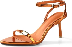 iiimmu Strappy Sandals for Women 3 IN Stilettos Heeled Sandals with Buckle Pointed Open Toe Kitten Summer Heels, Metallic Heels Orange/Black/Violet
