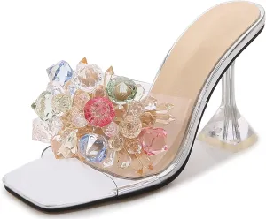 INEELUYI Women's Heeled Slides Shoes Crystal Flower Square Peep Toe Clear Heel Sandals Shoes