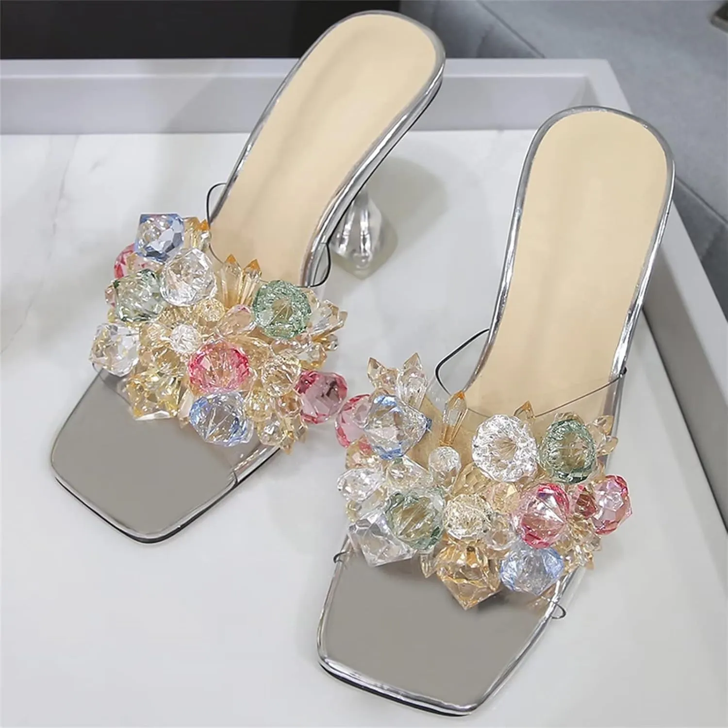 INEELUYI Women's Heeled Slides Shoes Crystal Flower Square Peep Toe Clear Heel Sandals Shoes