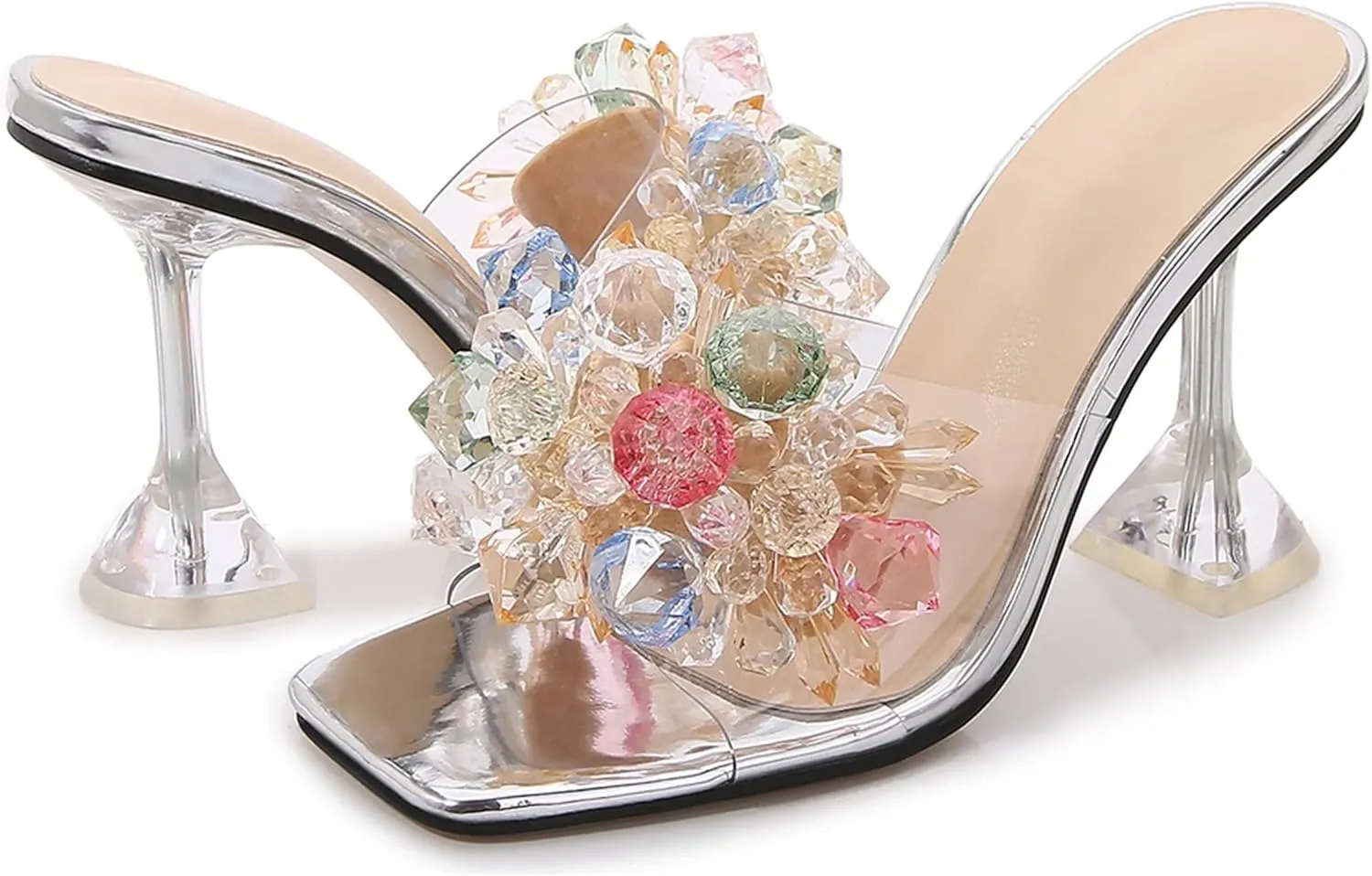 INEELUYI Women's Heeled Slides Shoes Crystal Flower Square Peep Toe Clear Heel Sandals Shoes