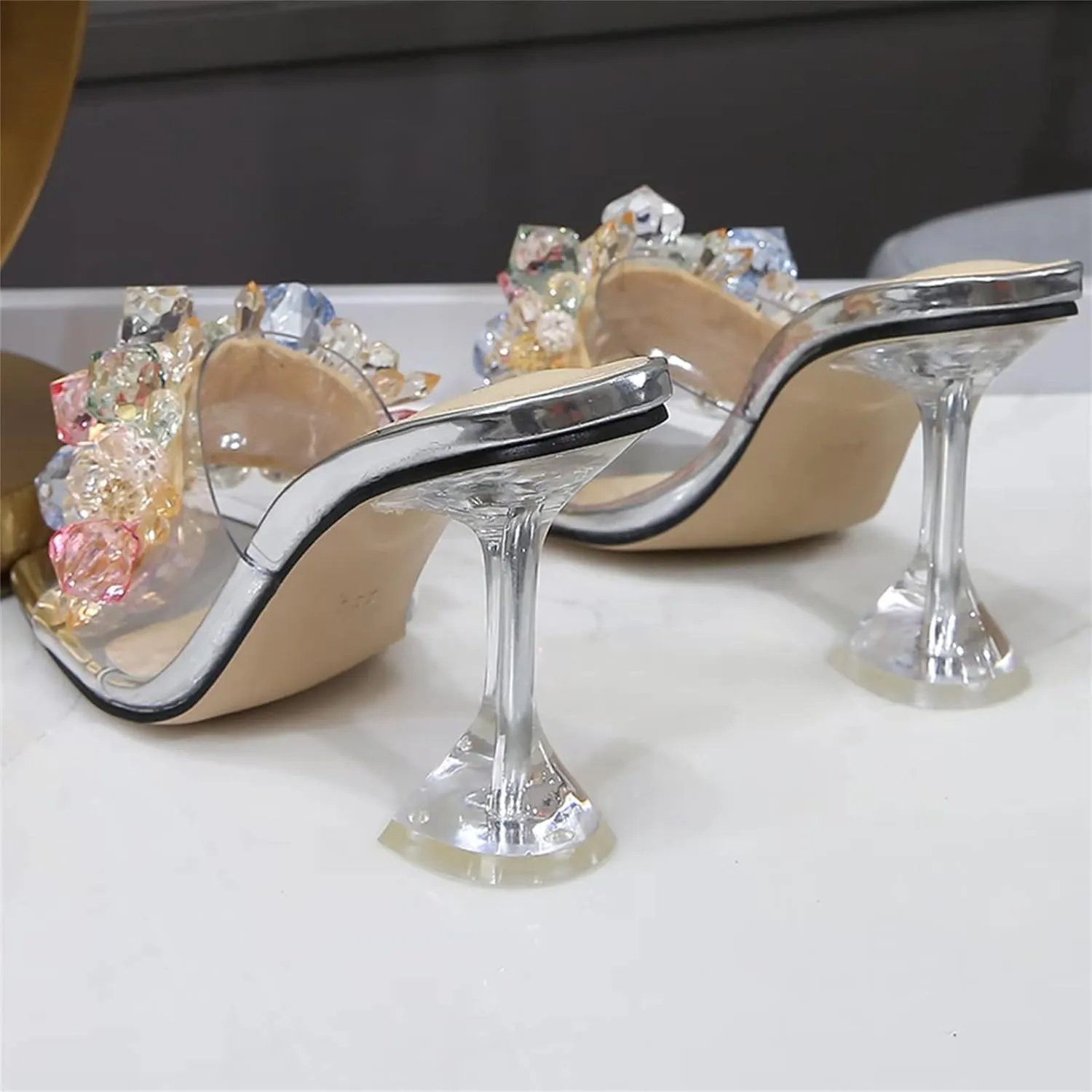 INEELUYI Women's Heeled Slides Shoes Crystal Flower Square Peep Toe Clear Heel Sandals Shoes