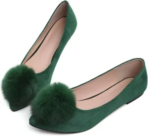 INEELUYI Women's Pom Pom Ballets Flats Pointy Toe Slip on Dress Flats Loafers Wedding Bowknot Shoes