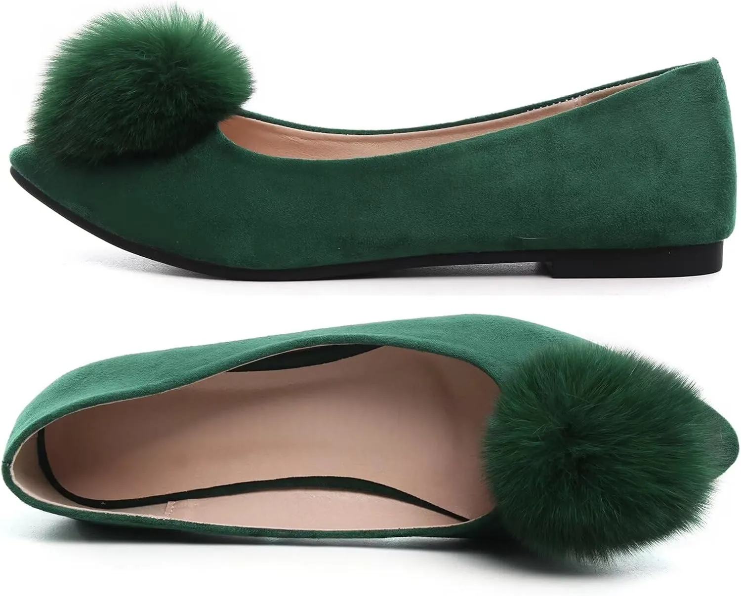 INEELUYI Women's Pom Pom Ballets Flats Pointy Toe Slip on Dress Flats Loafers Wedding Bowknot Shoes