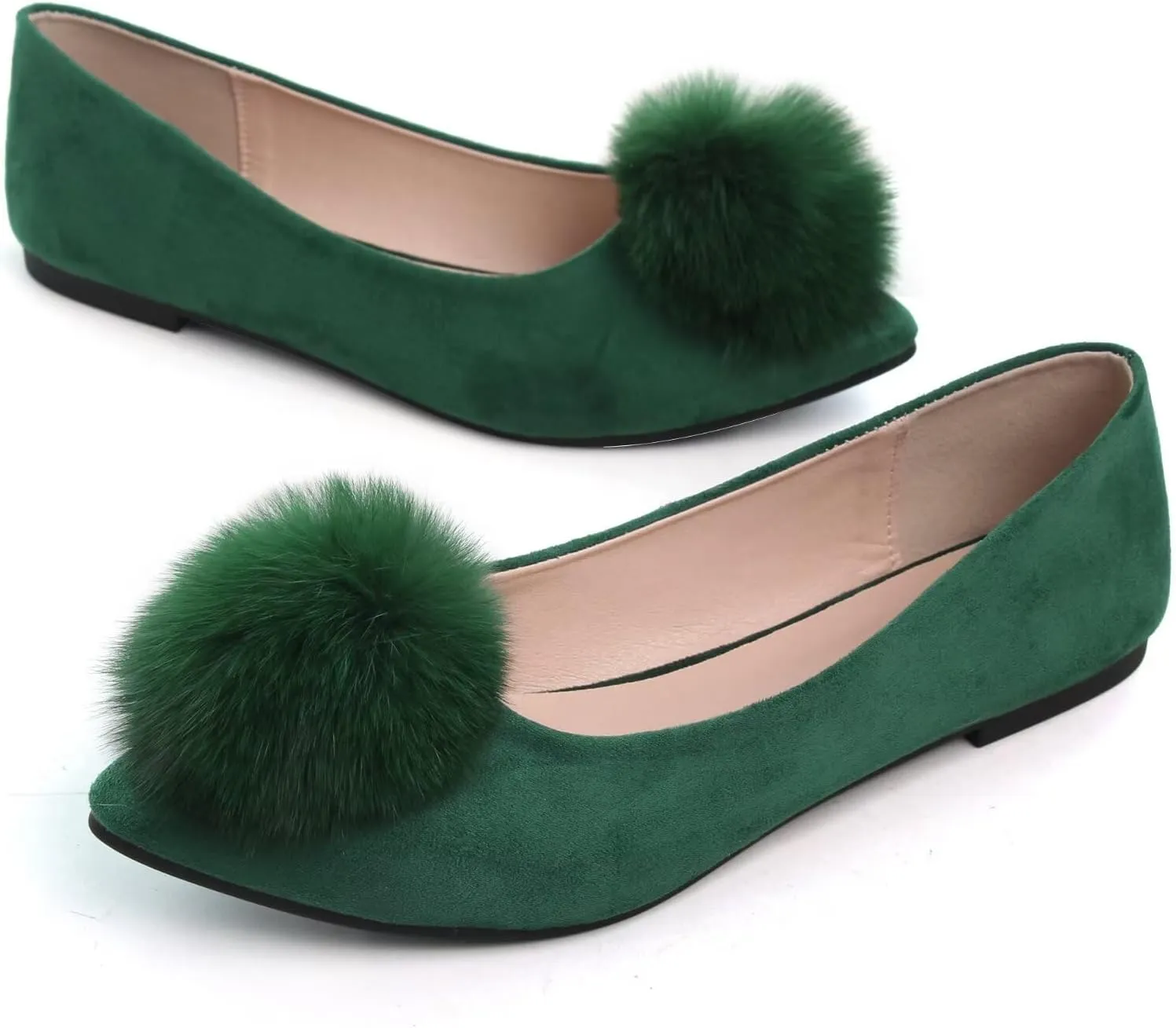 INEELUYI Women's Pom Pom Ballets Flats Pointy Toe Slip on Dress Flats Loafers Wedding Bowknot Shoes