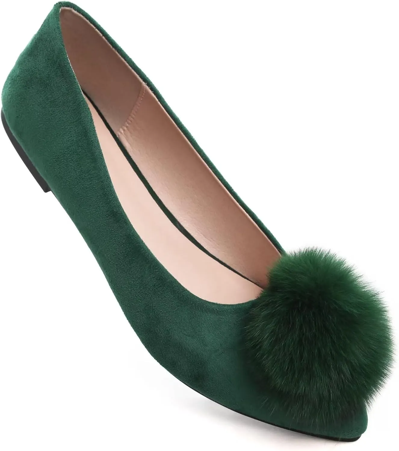 INEELUYI Women's Pom Pom Ballets Flats Pointy Toe Slip on Dress Flats Loafers Wedding Bowknot Shoes