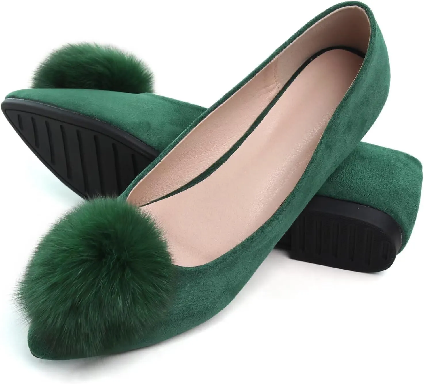 INEELUYI Women's Pom Pom Ballets Flats Pointy Toe Slip on Dress Flats Loafers Wedding Bowknot Shoes