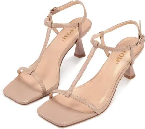 ISNOM Strappy Heels for Women T-strap Heeled Sandals Open Square Toe Kitten Heels Ankle Strap Sandals for Date Party Prom