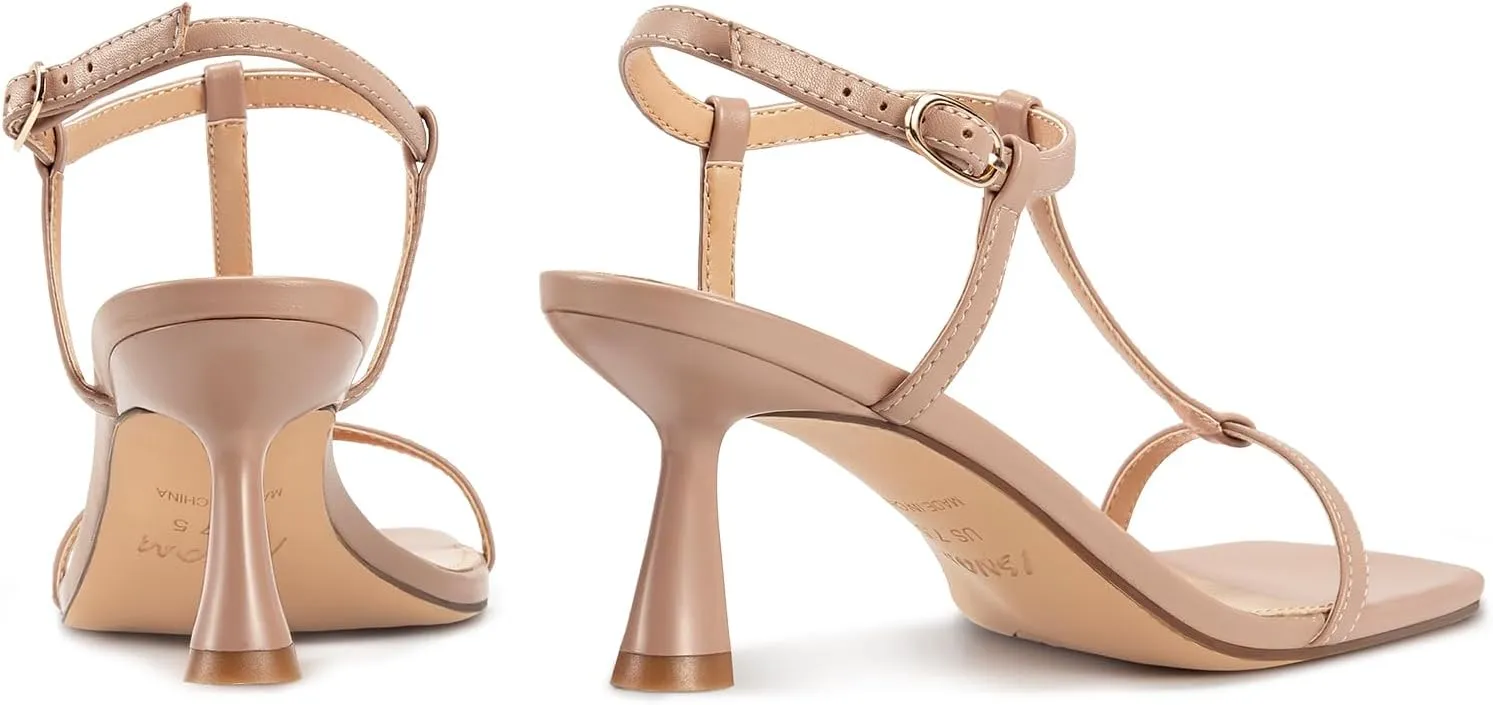 ISNOM Strappy Heels for Women T-strap Heeled Sandals Open Square Toe Kitten Heels Ankle Strap Sandals for Date Party Prom