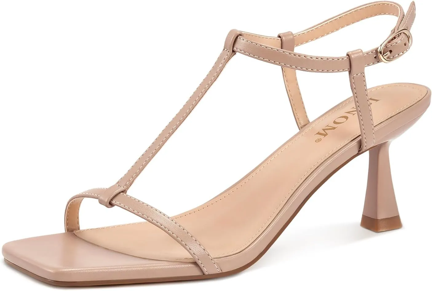 ISNOM Strappy Heels for Women T-strap Heeled Sandals Open Square Toe Kitten Heels Ankle Strap Sandals for Date Party Prom