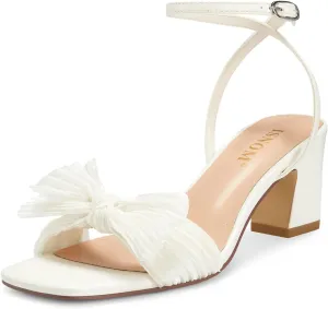 ISNOM Women's Bow Knot Heeled Sandals Ankle Buckle Strap Open Toe Block Chunky Heel Bride Wedding Party Fashion Heels
