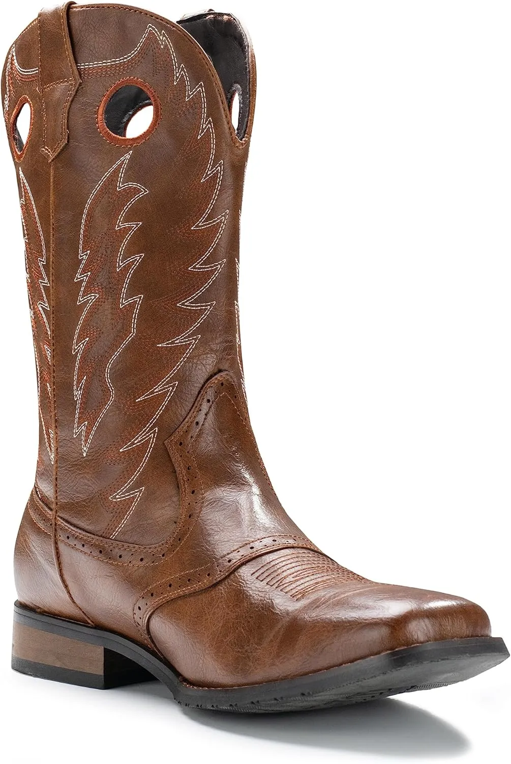 IUV Cowboy Boots For Men Western Boot Classic Embroidered Square Toe Pull On Mid-Calf Boots Round Hole