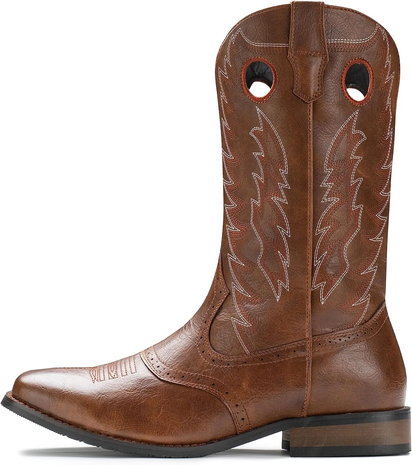 IUV Cowboy Boots For Men Western Boot Classic Embroidered Square Toe Pull On Mid-Calf Boots Round Hole
