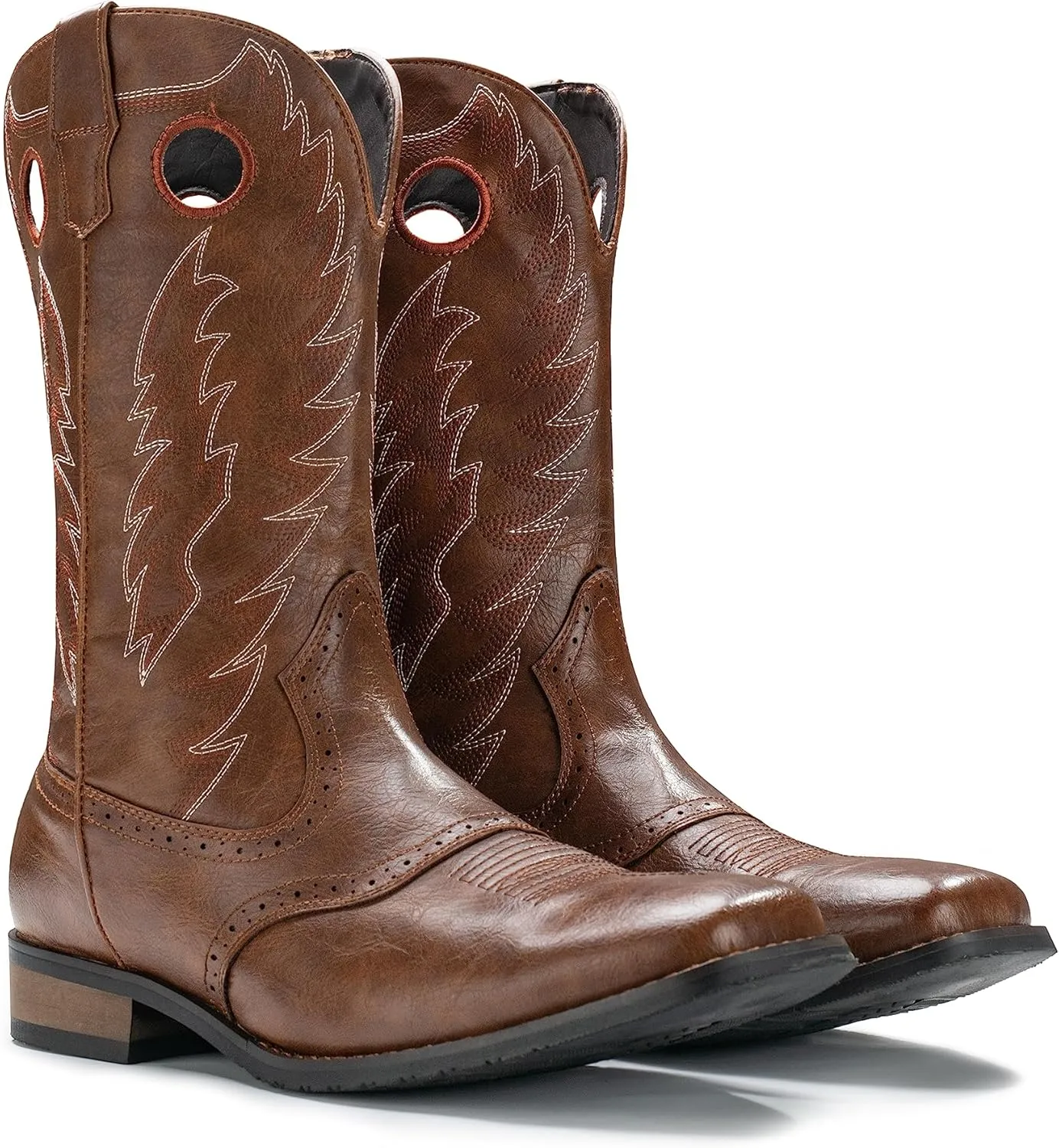 IUV Cowboy Boots For Men Western Boot Classic Embroidered Square Toe Pull On Mid-Calf Boots Round Hole