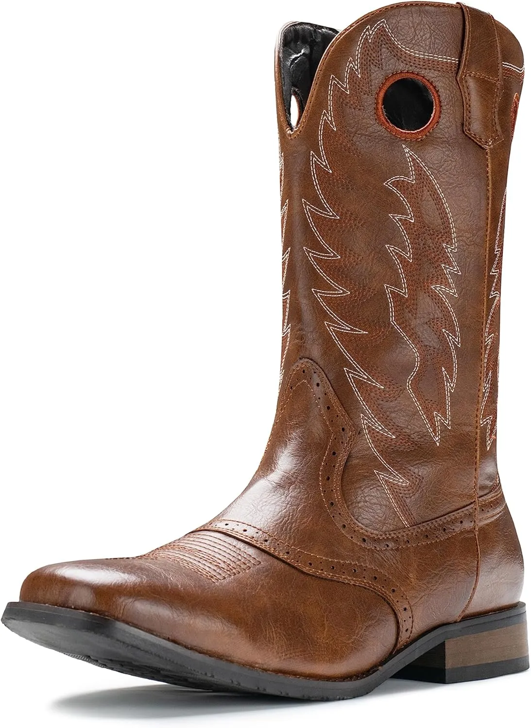 IUV Cowboy Boots For Men Western Boot Classic Embroidered Square Toe Pull On Mid-Calf Boots Round Hole
