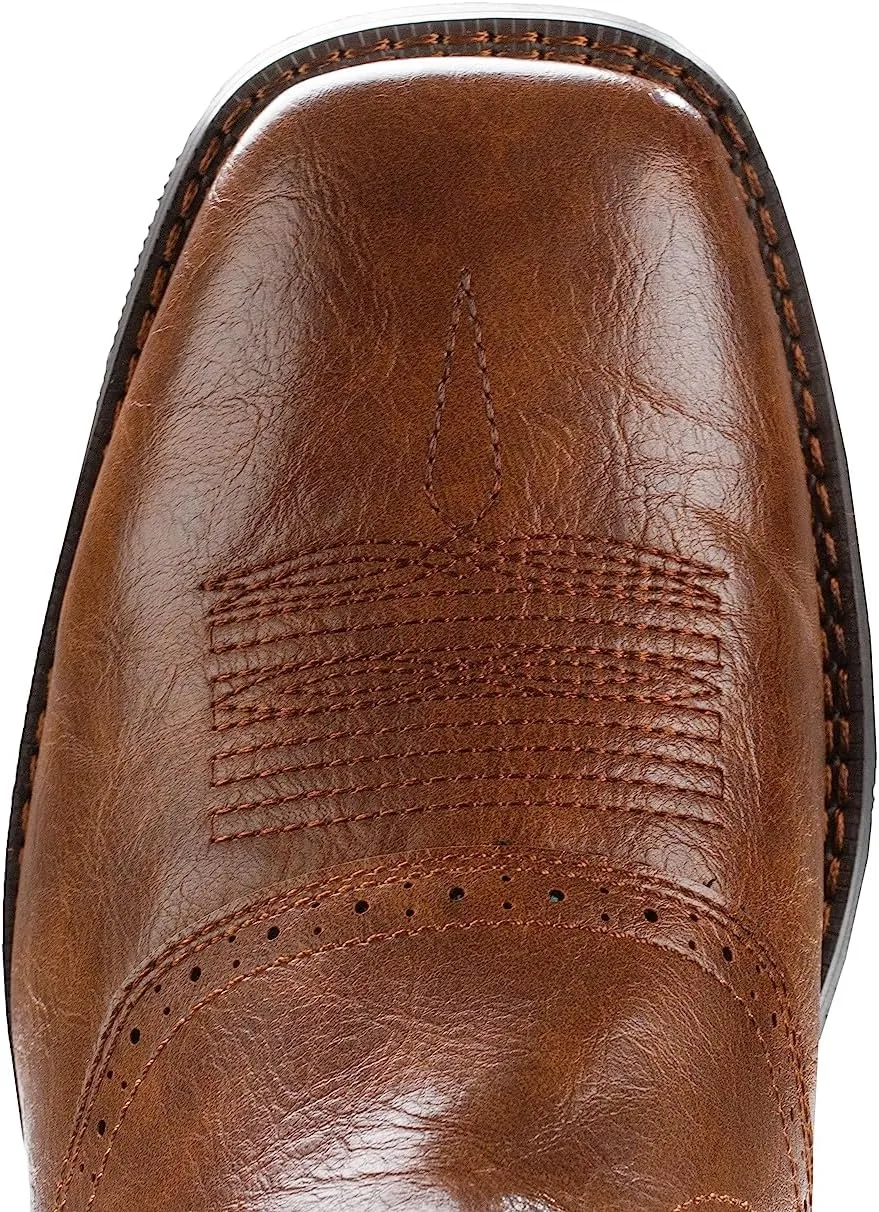 IUV Cowboy Boots For Men Western Boot Classic Embroidered Square Toe Pull On Mid-Calf Boots Round Hole