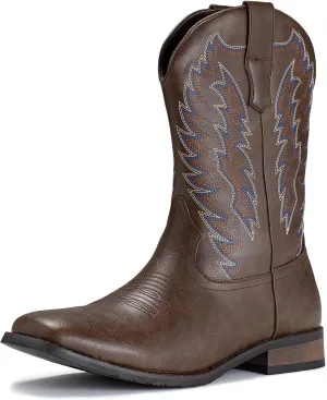 IUV Cowboy Boots For Men Wide Foot Square Toe Western Boots with Classic Embroidered Durable Slip on Boots