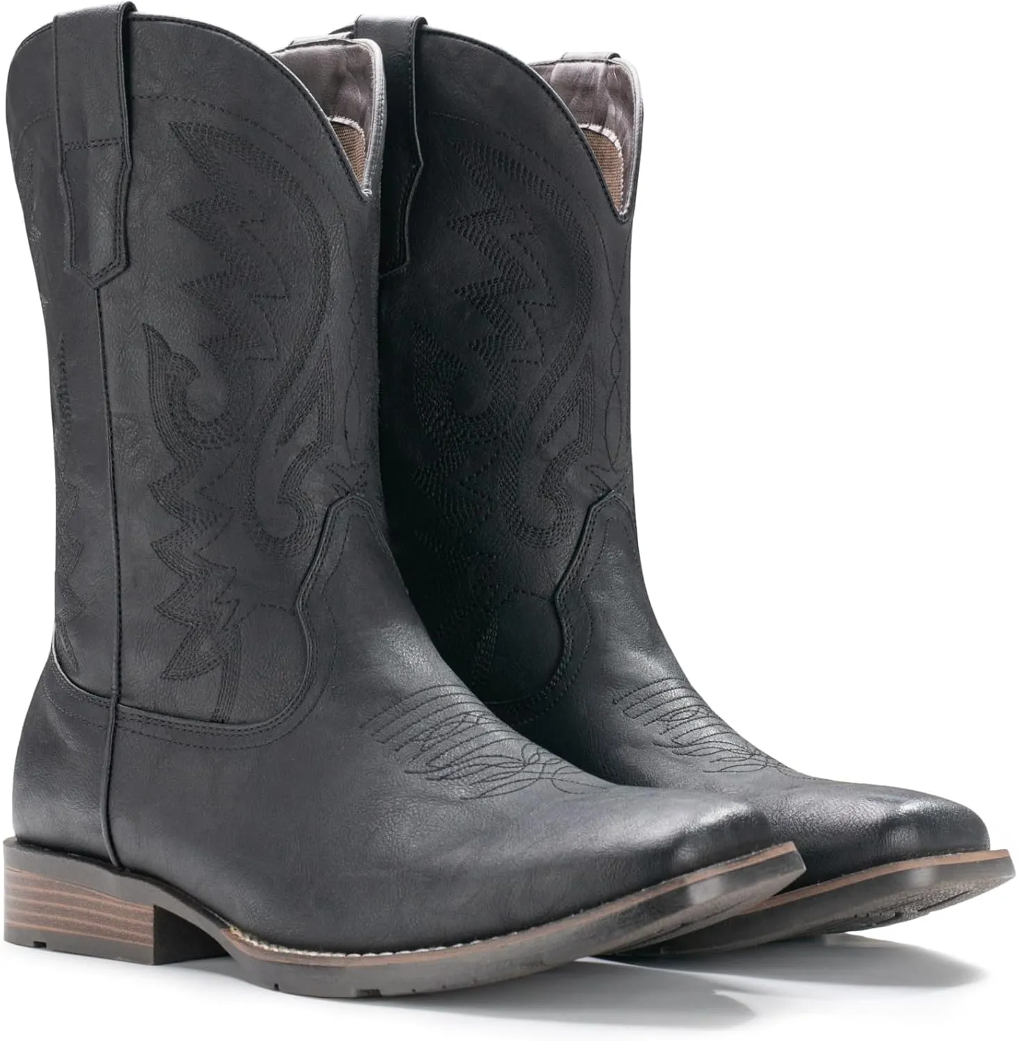 IUV Cowboy Boots For Men with Wide Square Toe Western Retro Boot Durable Classic Fashionable Embroidered Pull On Slip Resistant Boots