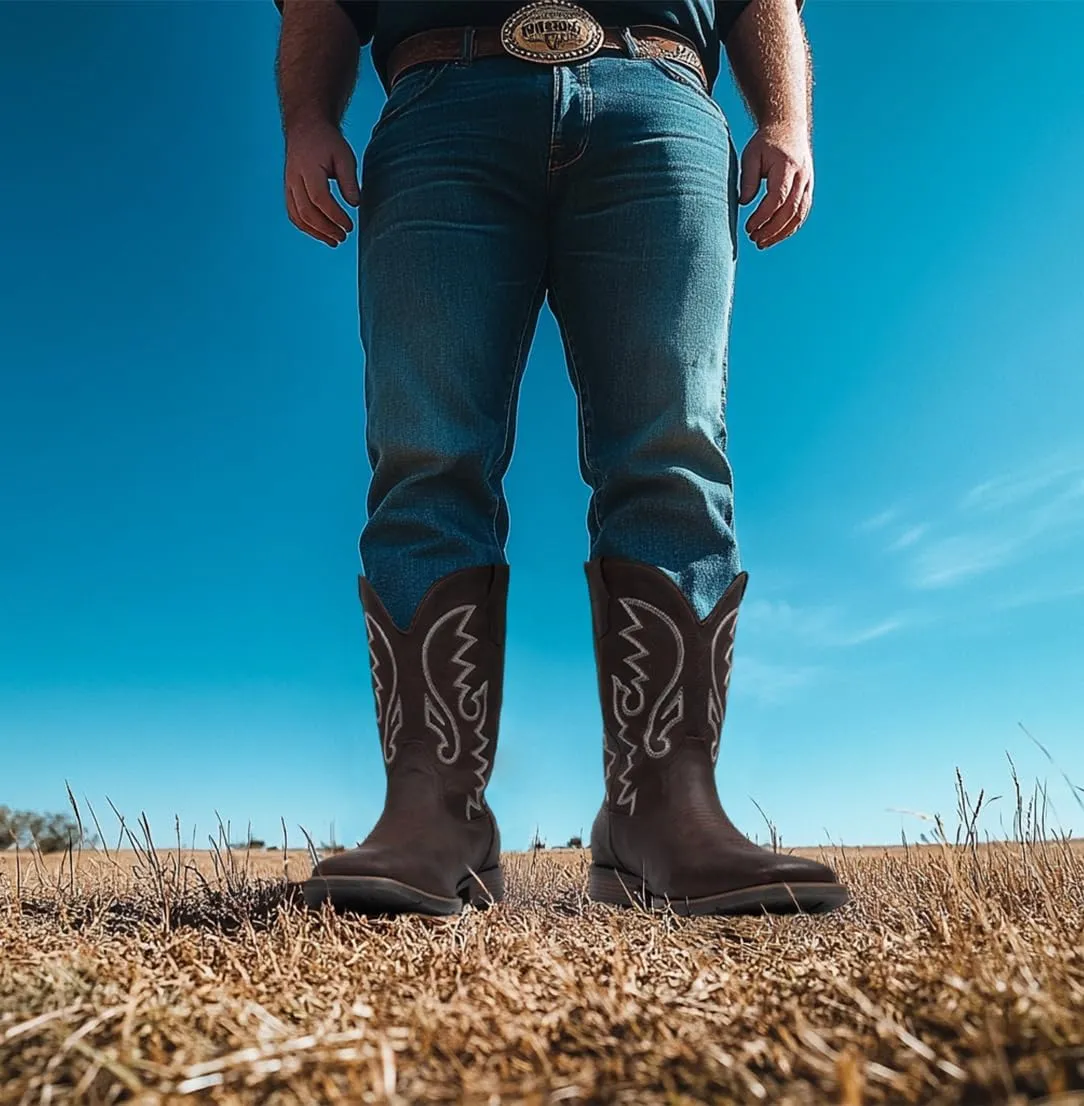 IUV Cowboy Boots For Men with Wide Square Toe Western Retro Boot Durable Classic Fashionable Embroidered Pull On Slip Resistant Boots