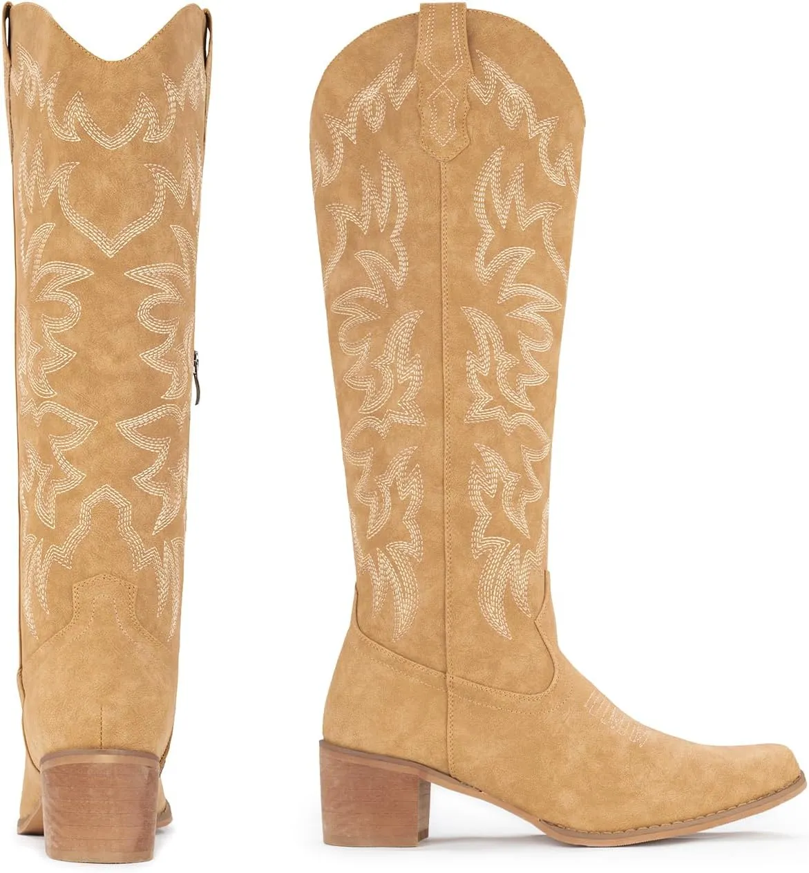 IUV Cowboy Boots For Women Knee High Western Cowgirl Boots Snip Toe Side Zipper Chunky Heel
