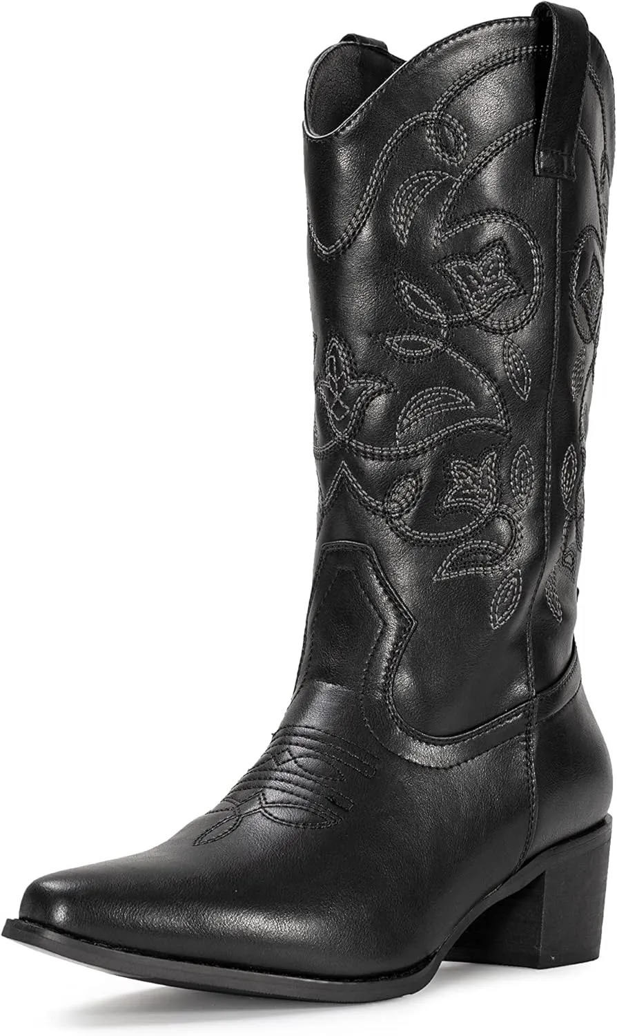 IUV Cowboy Boots For Women Pointy Toe Women's Western Boots Cowgirl Boots Mid Calf Boots