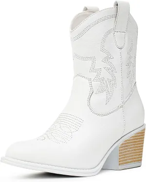 IXU Cowboy Boots for Women Ankle Cowgirl Booties Wide Mid Calf Pointed Toe Western Boots Short Chunky Classic Booties